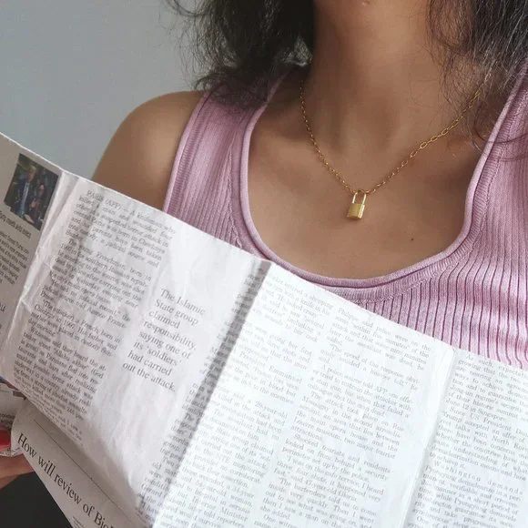 NEW 18K Gold Plated Lock Padlock Pendant Link Chain Paper Clip Necklace - Picture 3 of 6